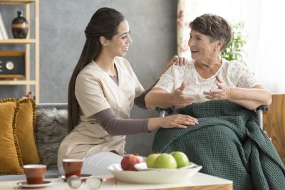 senior woman sitting in wheelchair at home smiling at visiting caregiver